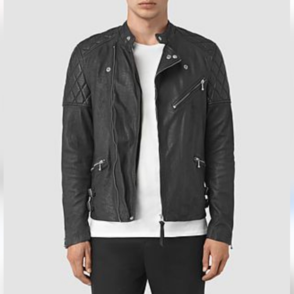 All Saints Den Leather Biker Men's Jacket Black Off Center Zipper Buckled Side